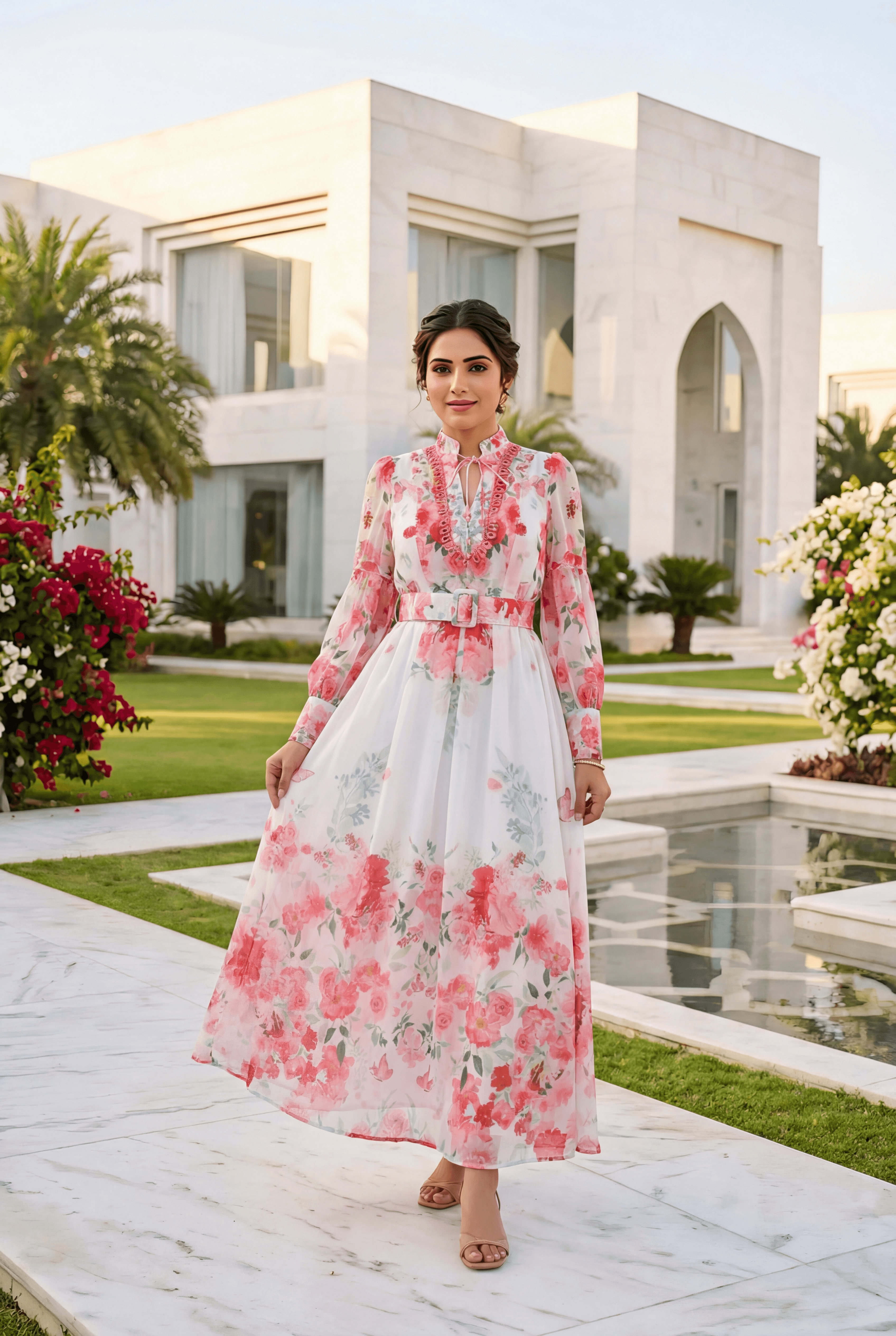 Ivory Pink Rose Garden Floral Printed Belted Maxi Dress with High Neck & Ruffle Detailing