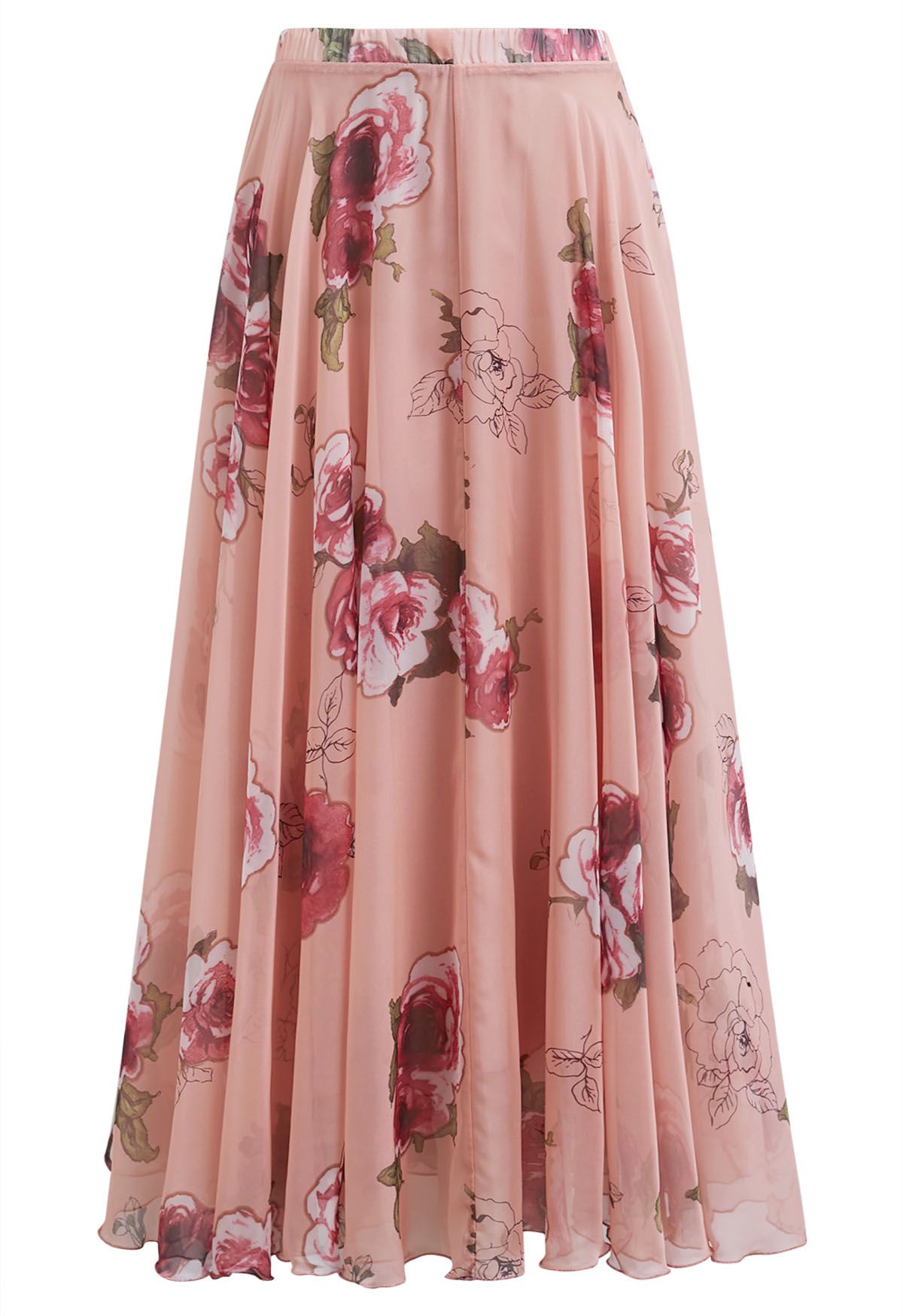 Blush Rose Garden Floral Print Flared Maxi Skirt