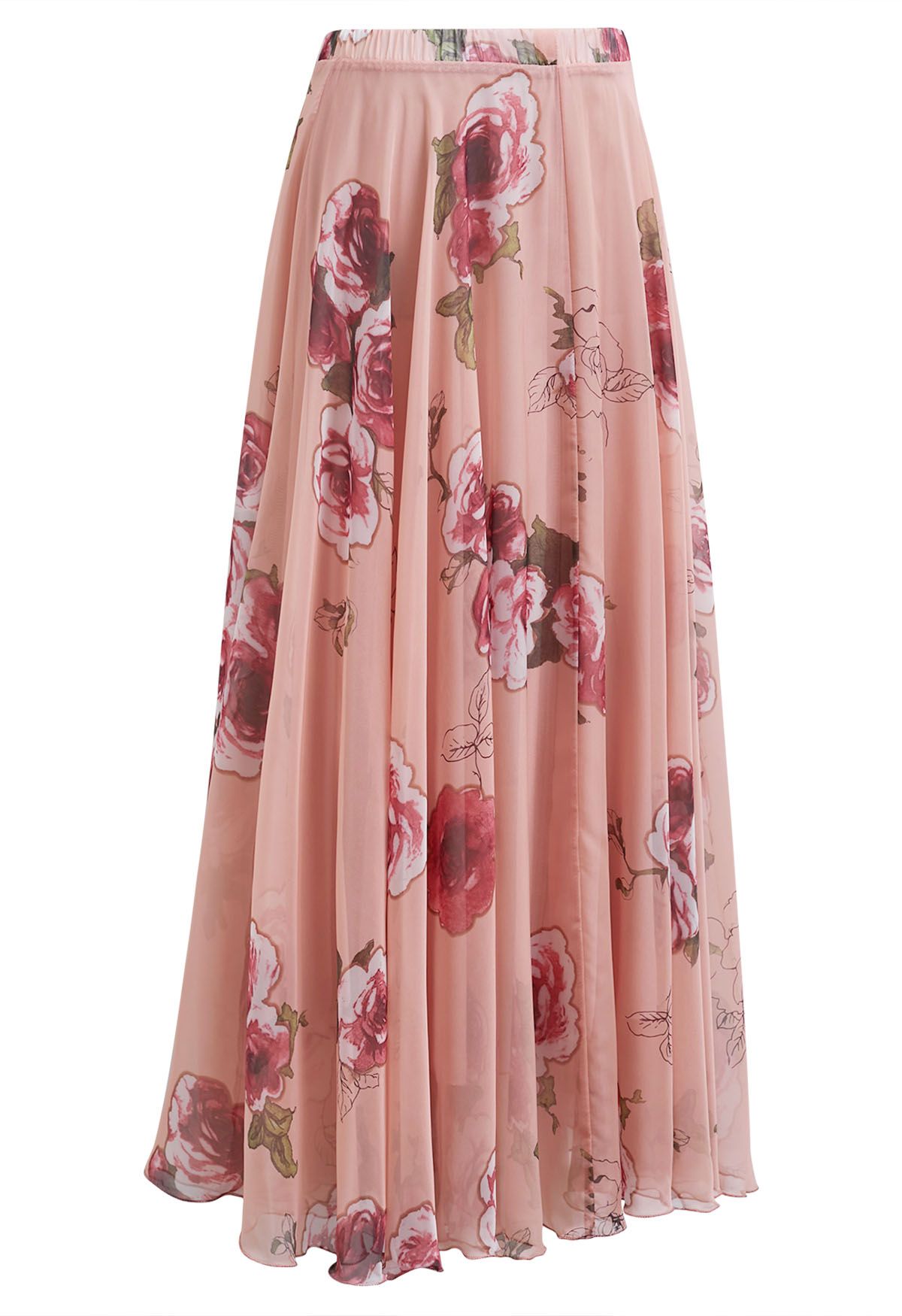 Blush Rose Garden Floral Print Flared Maxi Skirt