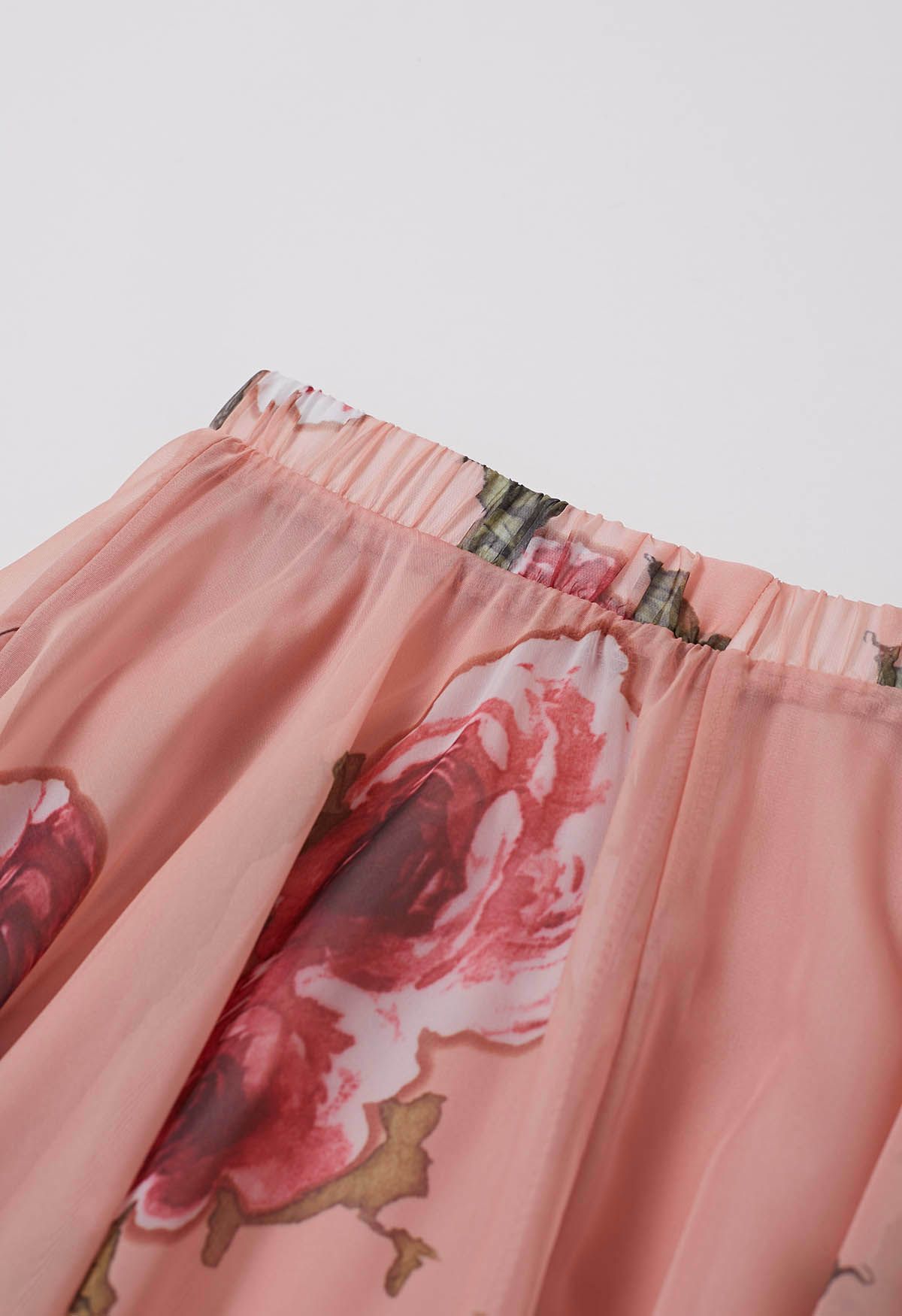 Blush Rose Garden Floral Print Flared Maxi Skirt