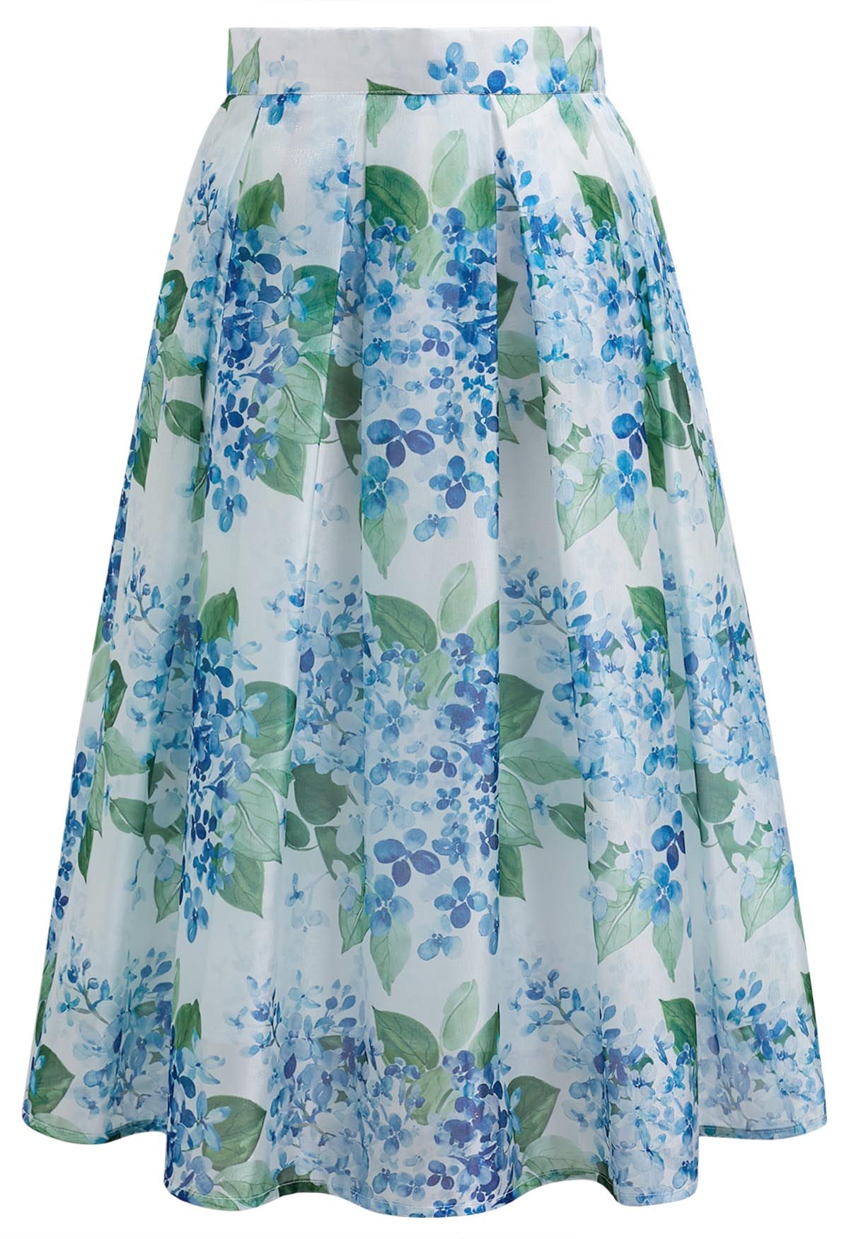 Elegant Women’s White & Blue Floral Print Midi Skirt with Structured High Waist  Soft Flowing ALine Silhouette for Casual, Office & Occasion Wear