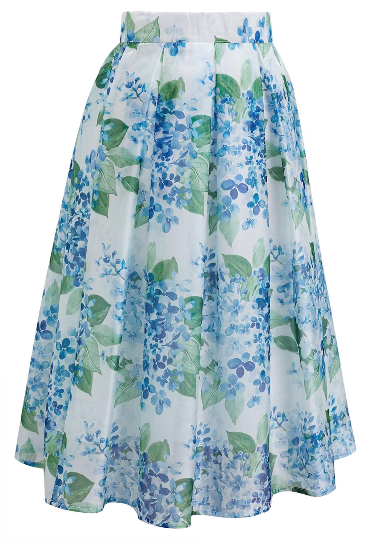 Elegant Women’s White & Blue Floral Print Midi Skirt with Structured High Waist  Soft Flowing ALine Silhouette for Casual, Office & Occasion Wear