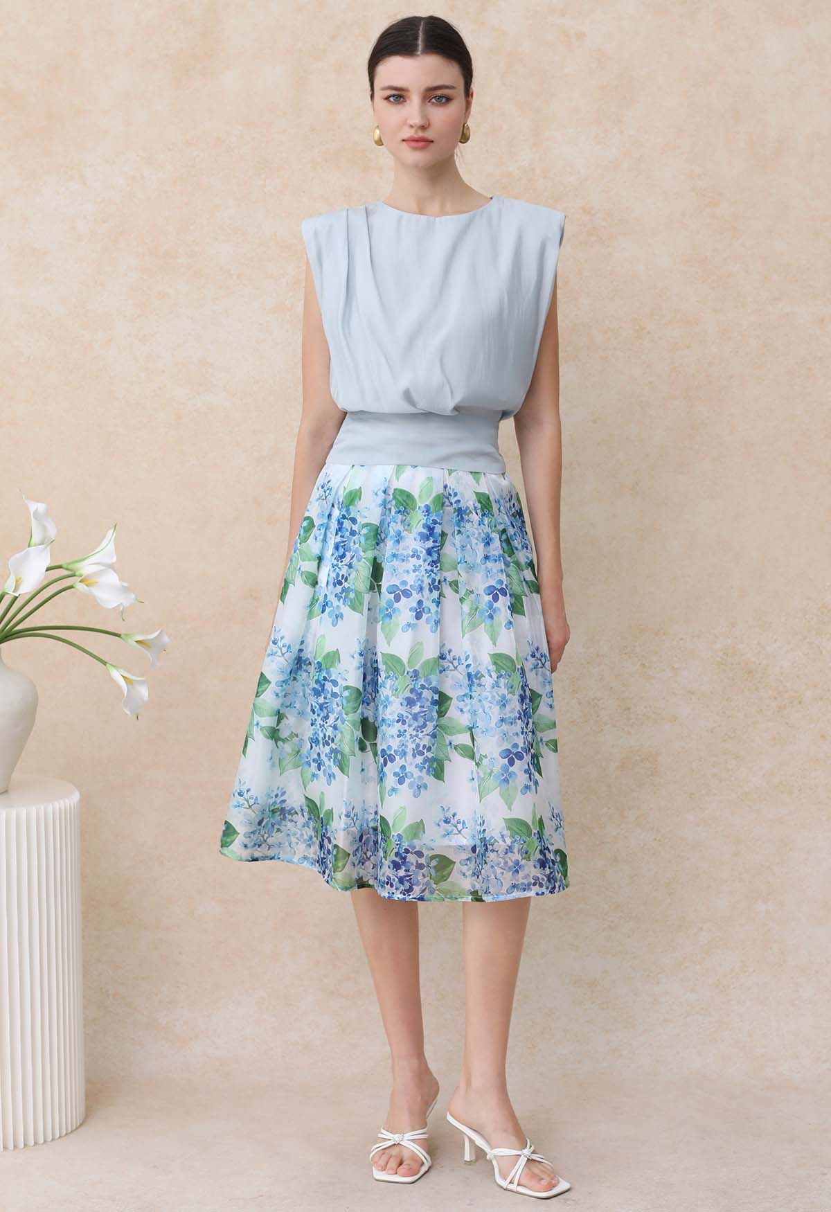 Elegant Women’s White & Blue Floral Print Midi Skirt with Structured High Waist  Soft Flowing ALine Silhouette for Casual, Office & Occasion Wear