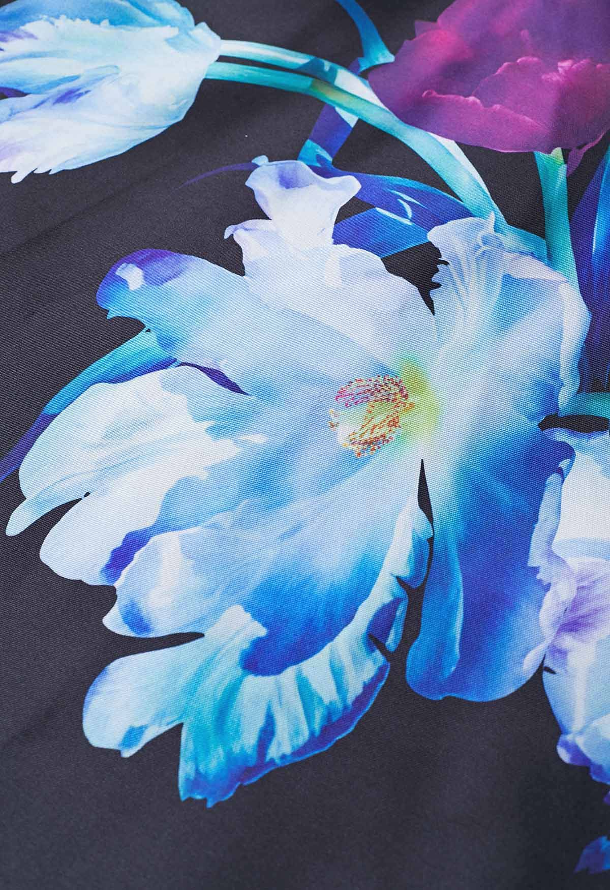 Nocturne Bloom High Waist Satin Skirt  Black Base Blue Purple Florals Gloss Finish