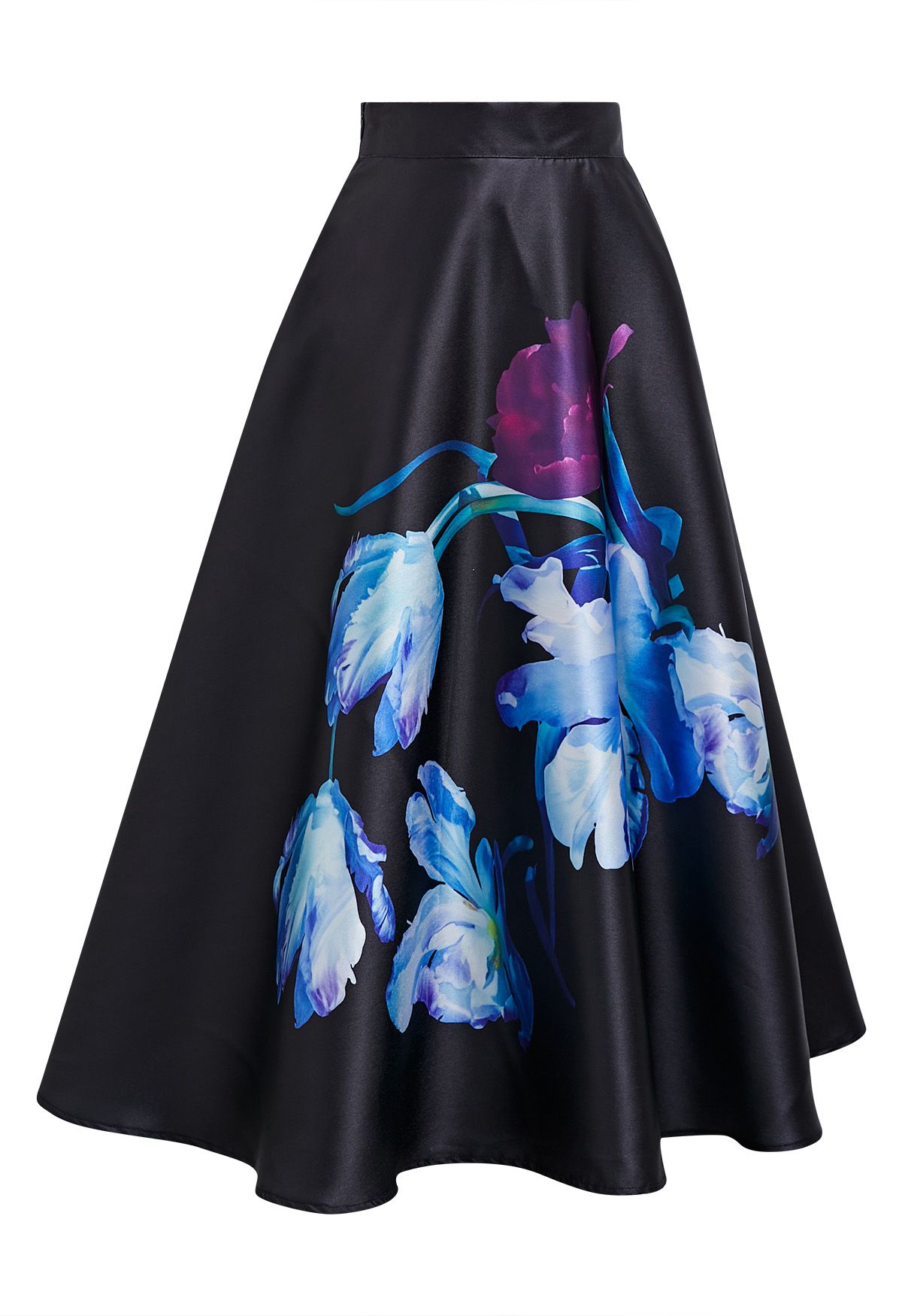 Nocturne Bloom High Waist Satin Skirt  Black Base Blue Purple Florals Gloss Finish