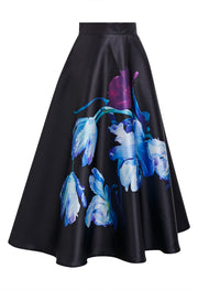 Nocturne Bloom High Waist Satin Skirt  Black Base Blue Purple Florals Gloss Finish