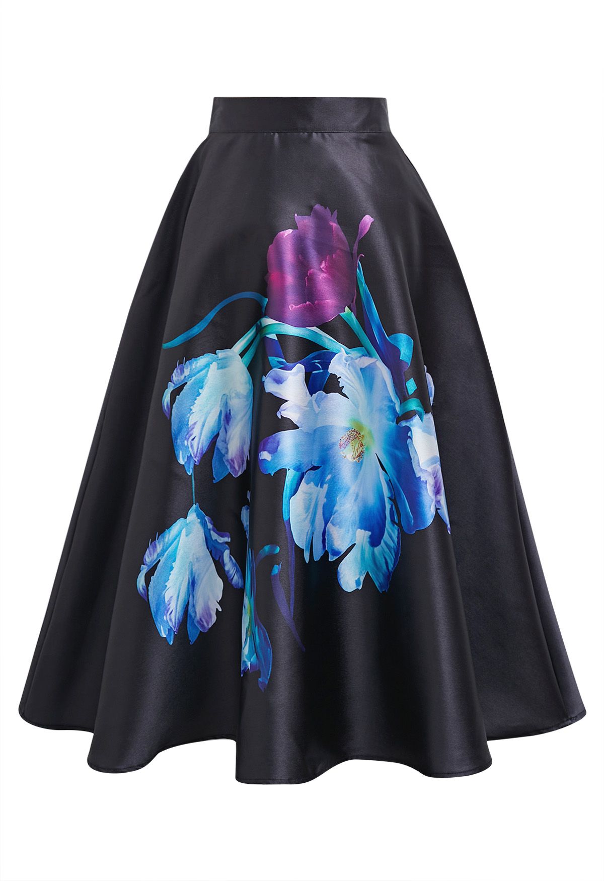 Nocturne Bloom High Waist Satin Skirt  Black Base Blue Purple Florals Gloss Finish