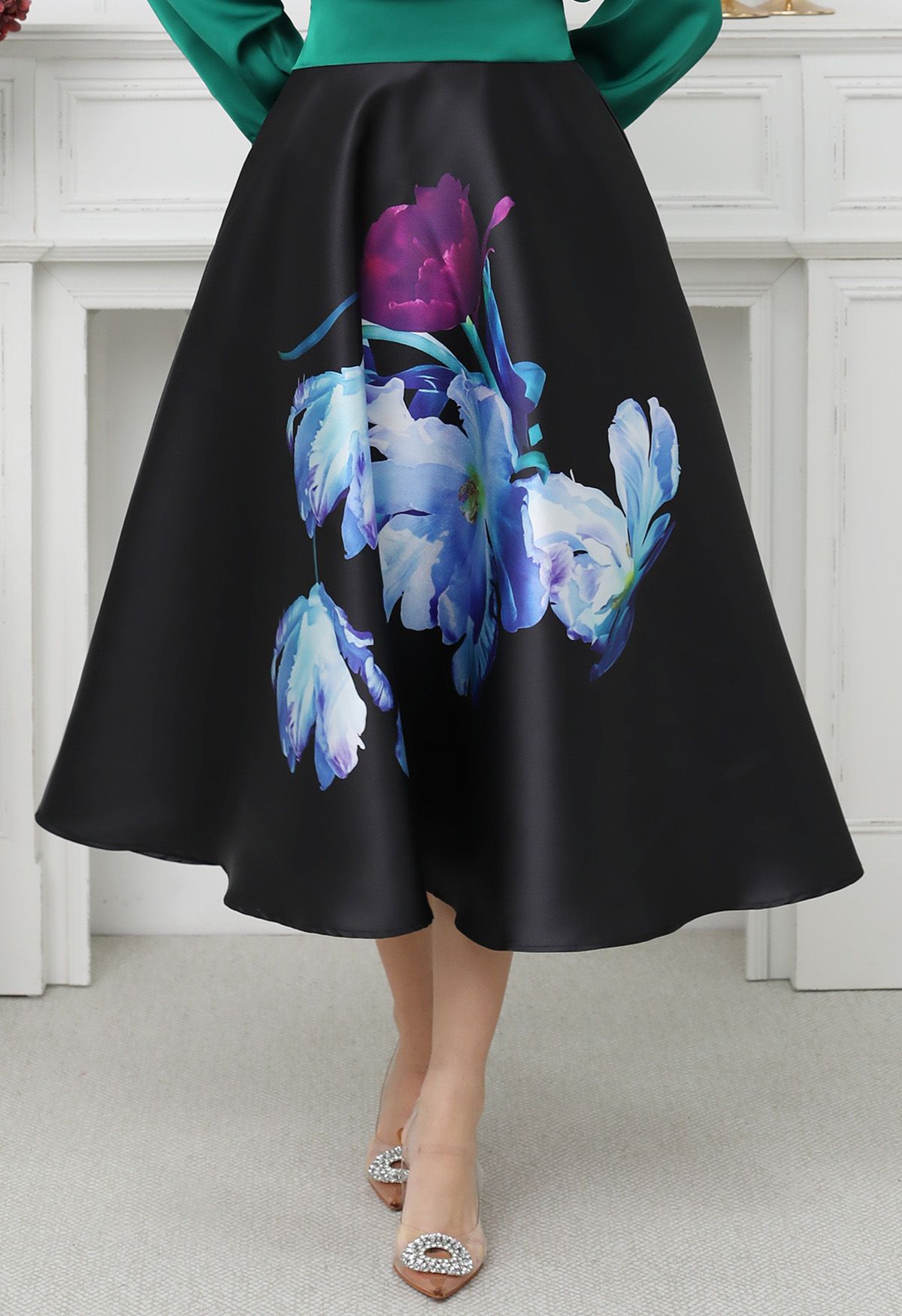 Nocturne Bloom High Waist Satin Skirt  Black Base Blue Purple Florals Gloss Finish