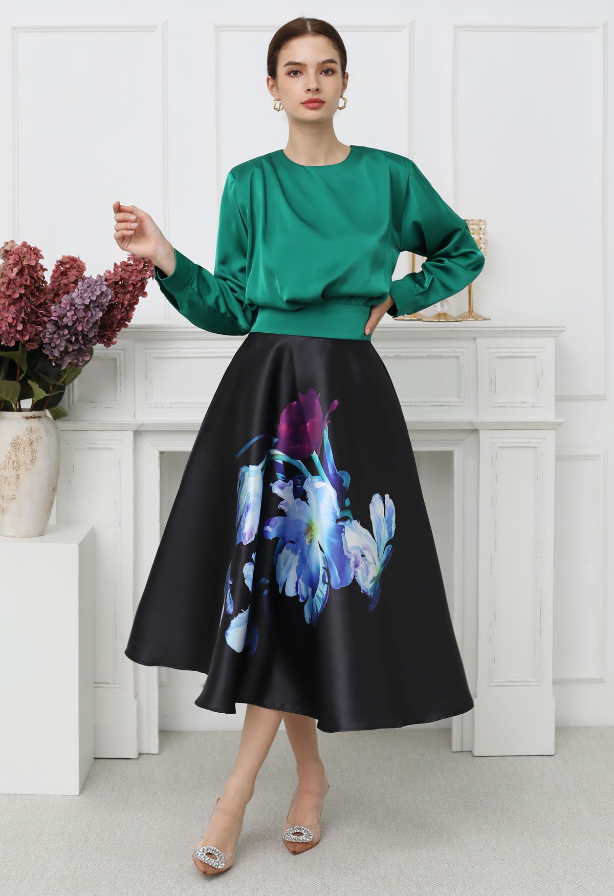 Nocturne Bloom High Waist Satin Skirt  Black Base Blue Purple Florals Gloss Finish