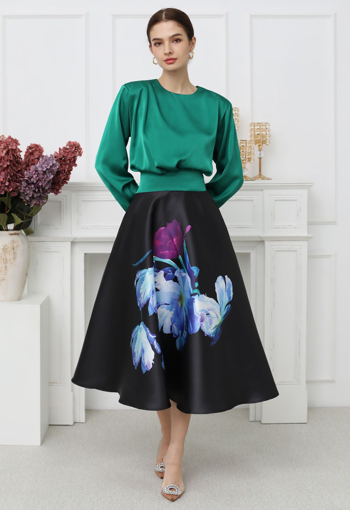 Nocturne Bloom High Waist Satin Skirt  Black Base Blue Purple Florals Gloss Finish