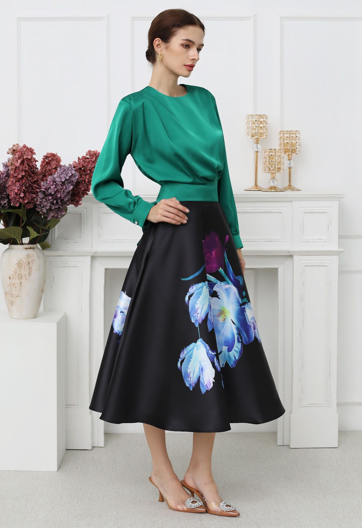 Nocturne Bloom High Waist Satin Skirt  Black Base Blue Purple Florals Gloss Finish