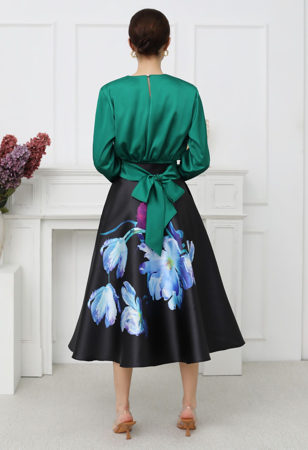Nocturne Bloom High Waist Satin Skirt  Black Base Blue Purple Florals Gloss Finish