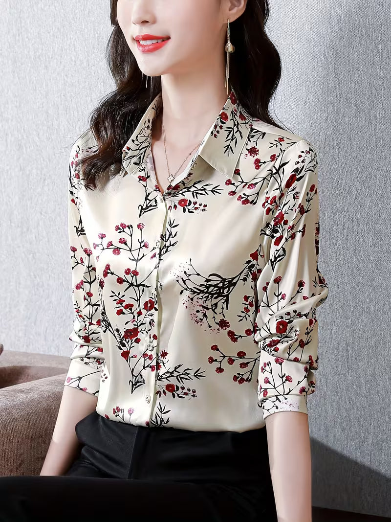 Elegant Floral Print Satin Button-Down Top - Champagne