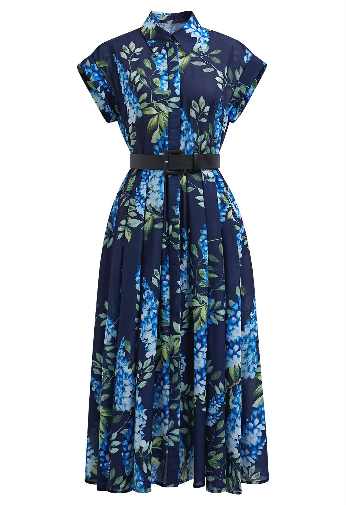 Midnight Bloom Navy Blue Floral Printed Midi Dress with Belt  Elegant A Line Silhouette, Button Down Front & Soft Flowing Fabric for Day to Evening Wear