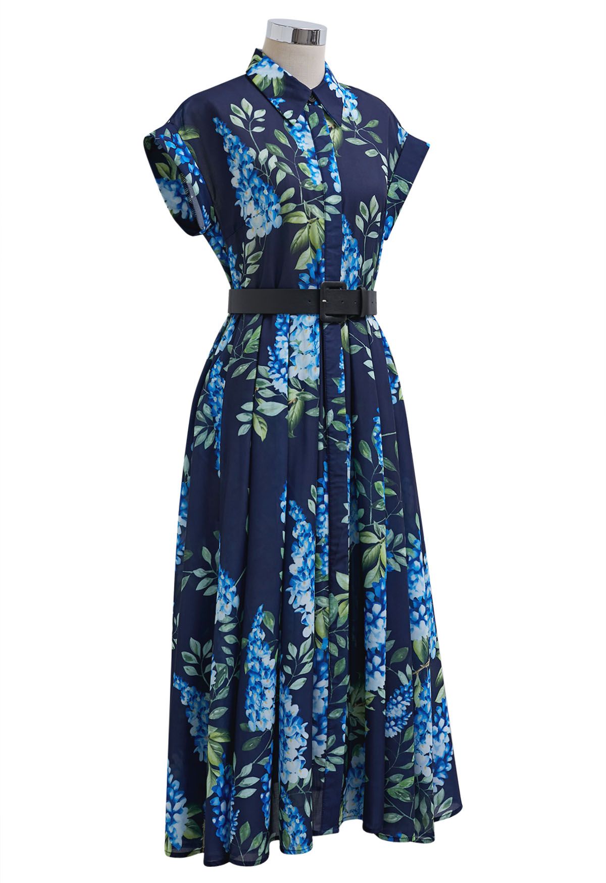 Midnight Bloom Navy Blue Floral Printed Midi Dress with Belt  Elegant A Line Silhouette, Button Down Front & Soft Flowing Fabric for Day to Evening Wear