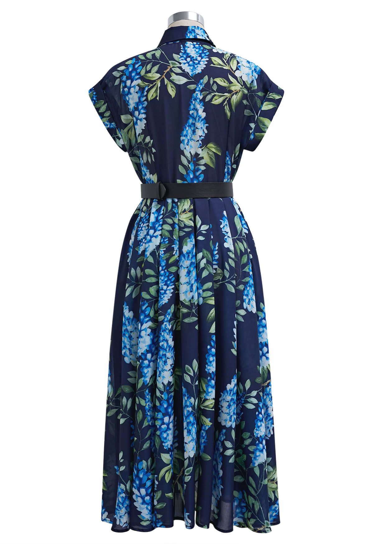 Midnight Bloom Navy Blue Floral Printed Midi Dress with Belt  Elegant A Line Silhouette, Button Down Front & Soft Flowing Fabric for Day to Evening Wear
