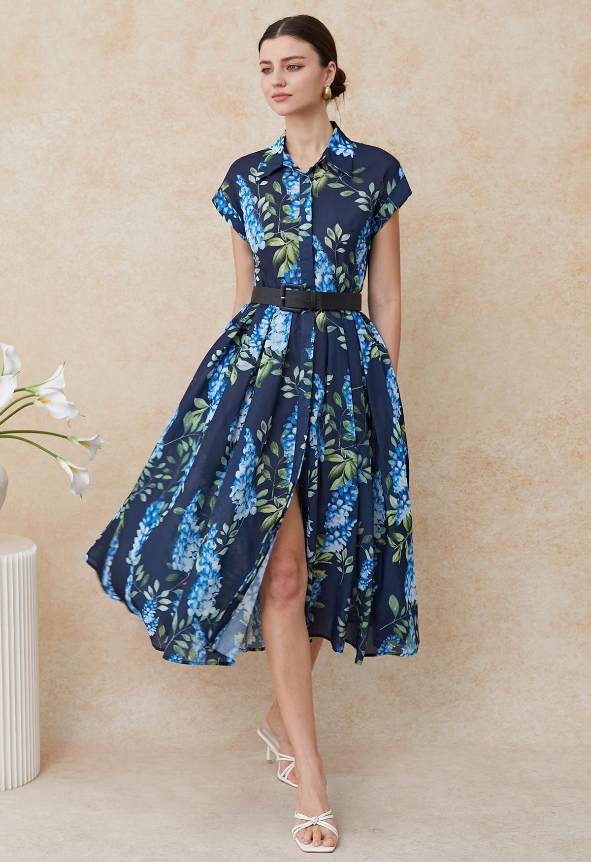 Midnight Bloom Navy Blue Floral Printed Midi Dress with Belt  Elegant A Line Silhouette, Button Down Front & Soft Flowing Fabric for Day to Evening Wear
