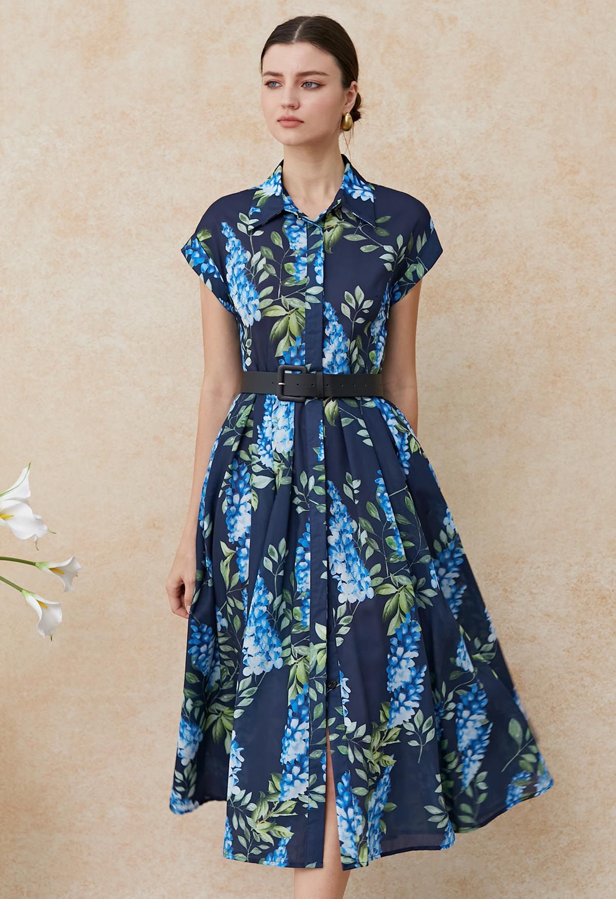 Midnight Bloom Navy Blue Floral Printed Midi Dress with Belt  Elegant A Line Silhouette, Button Down Front & Soft Flowing Fabric for Day to Evening Wear