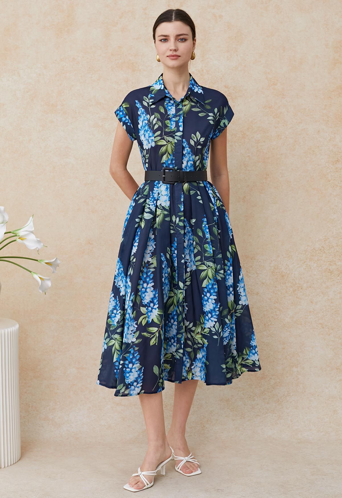 Midnight Bloom Navy Blue Floral Printed Midi Dress with Belt  Elegant A Line Silhouette, Button Down Front & Soft Flowing Fabric for Day to Evening Wear