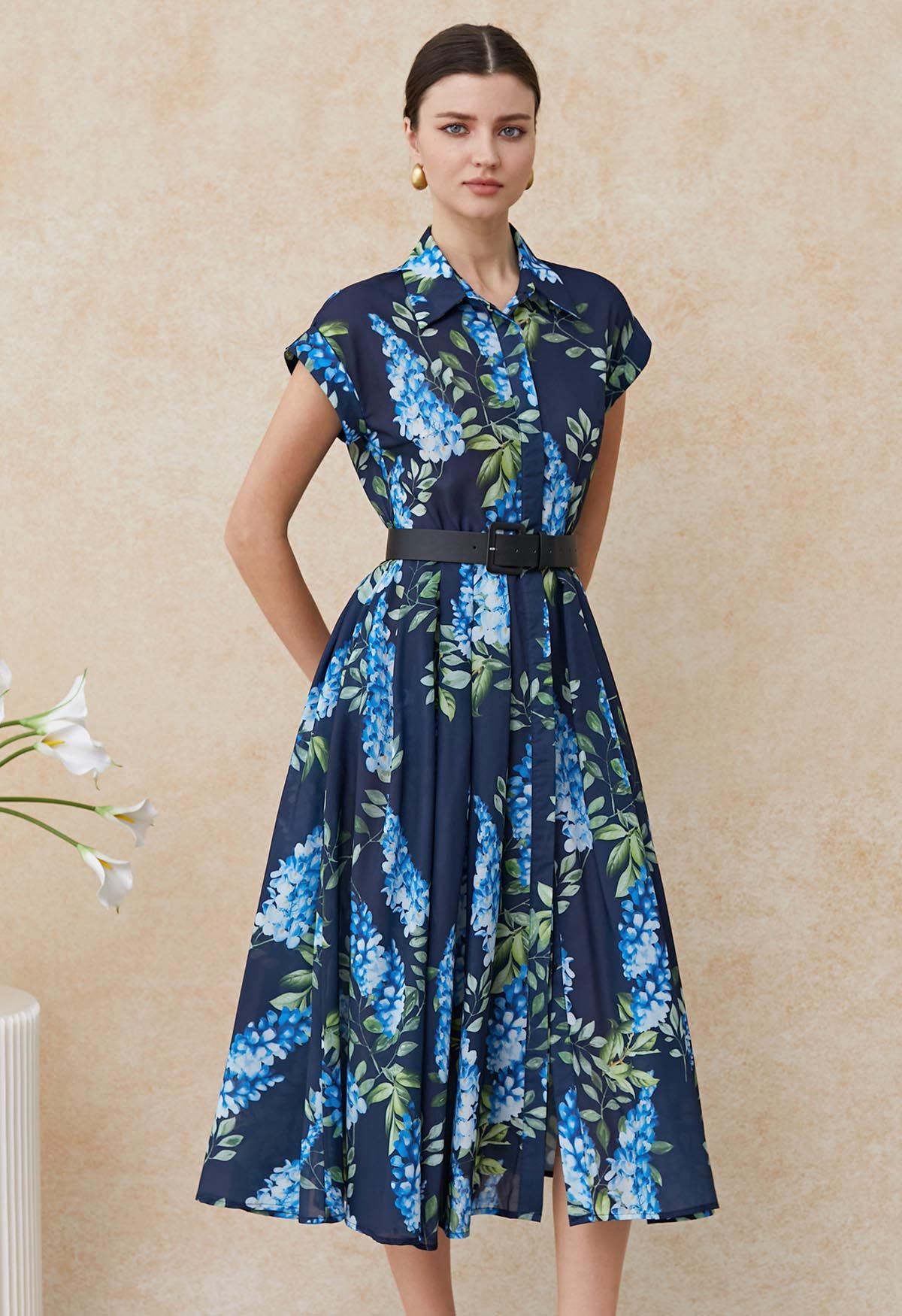 Midnight Bloom Navy Blue Floral Printed Midi Dress with Belt  Elegant A Line Silhouette, Button Down Front & Soft Flowing Fabric for Day to Evening Wear