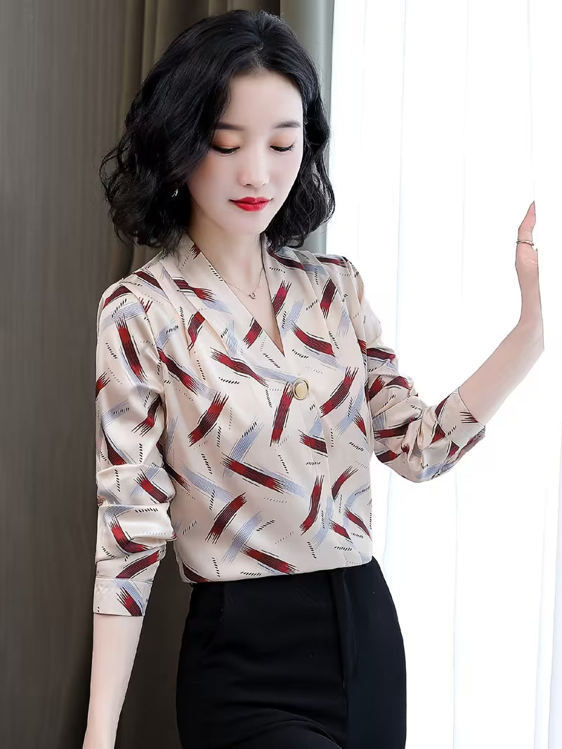 V-Neck Satin Silk Shirt in Geometric Brushstroke Print