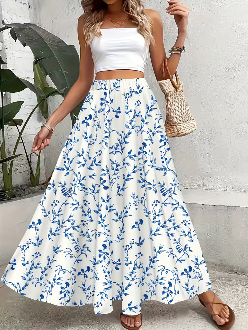 Azure Floral Elegance Maxi Skirt