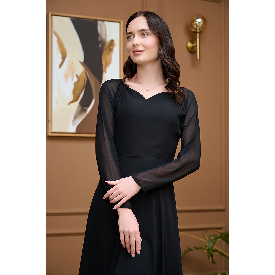 Black Cotton Midi Dress with Sweetheart Neckline and Sheer Full Sleeves