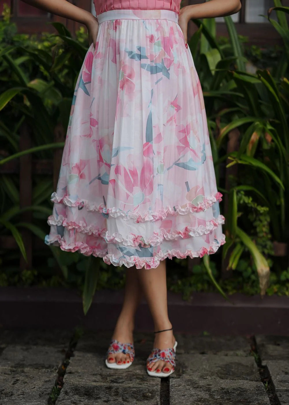 Pink Puff Sleeve Floral Fit & Flare Midi Dress