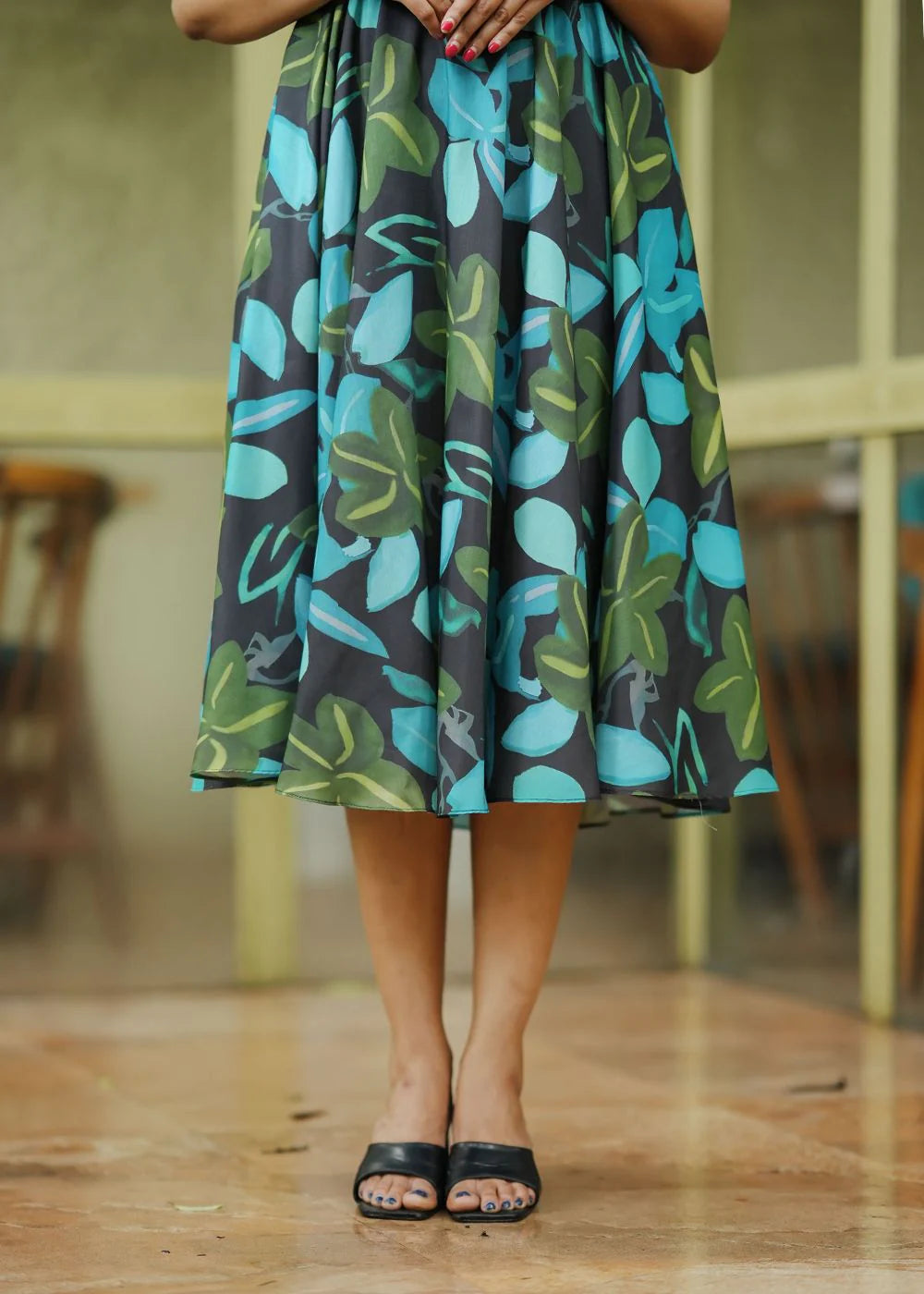 A beautiful black & blue, green abstract print muslin dress