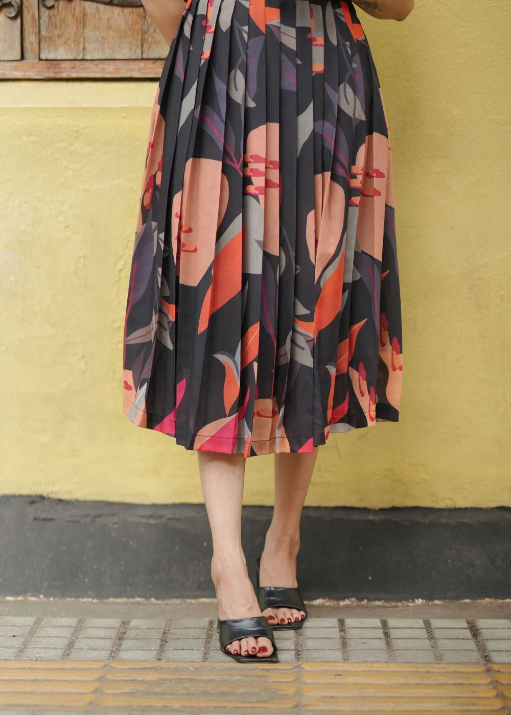 A beautiful black &amp; sage green, orange abstract print dress