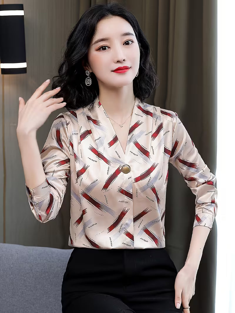 V-Neck Satin Silk Shirt in Geometric Brushstroke Print