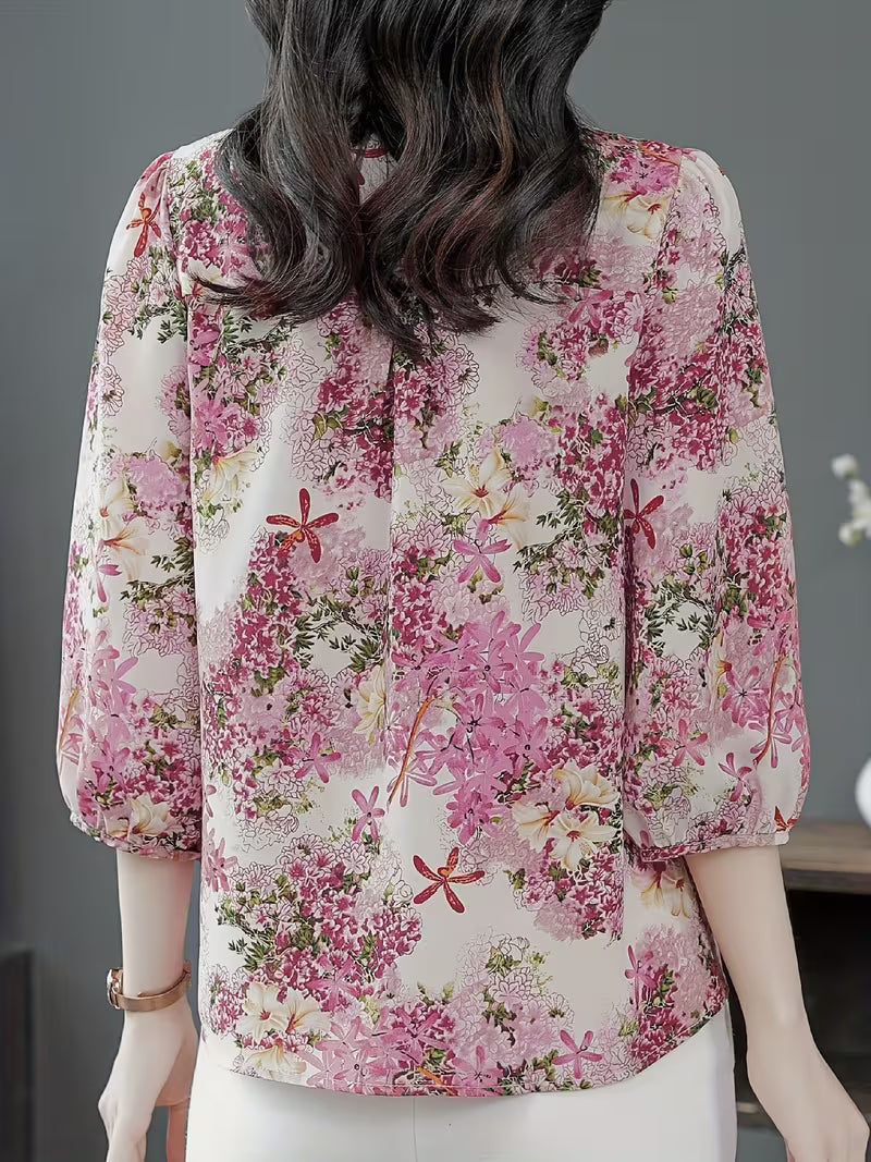 Elegant Lavender Floral Print Chiffon  with Ruffled Neck Top