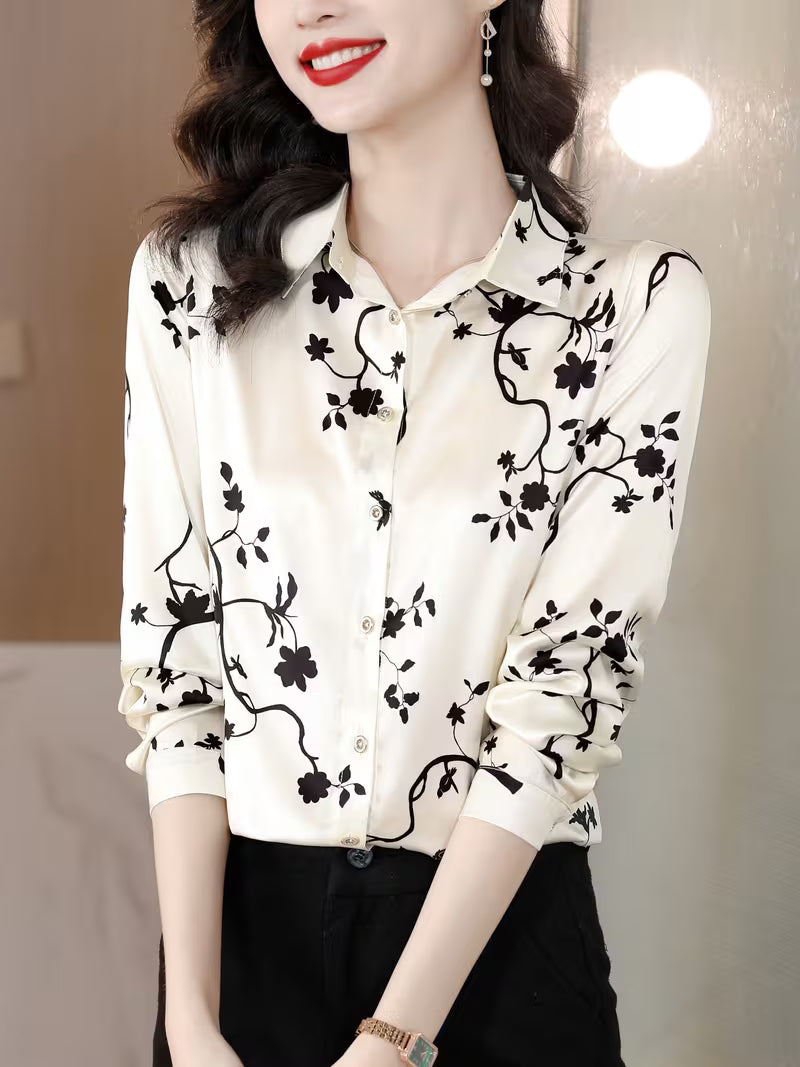 The Monochrome Botanical Satin Shirt in Champagne & Black