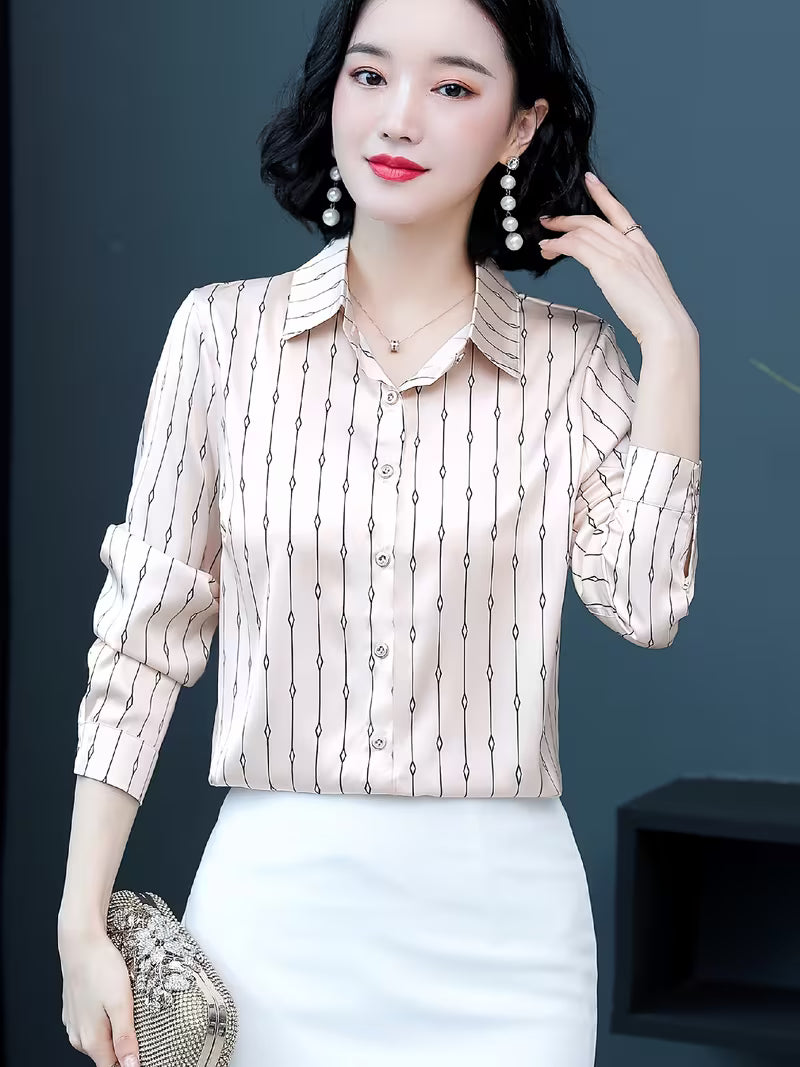 Silk Satin Geometric Diamond Stripe Shirt