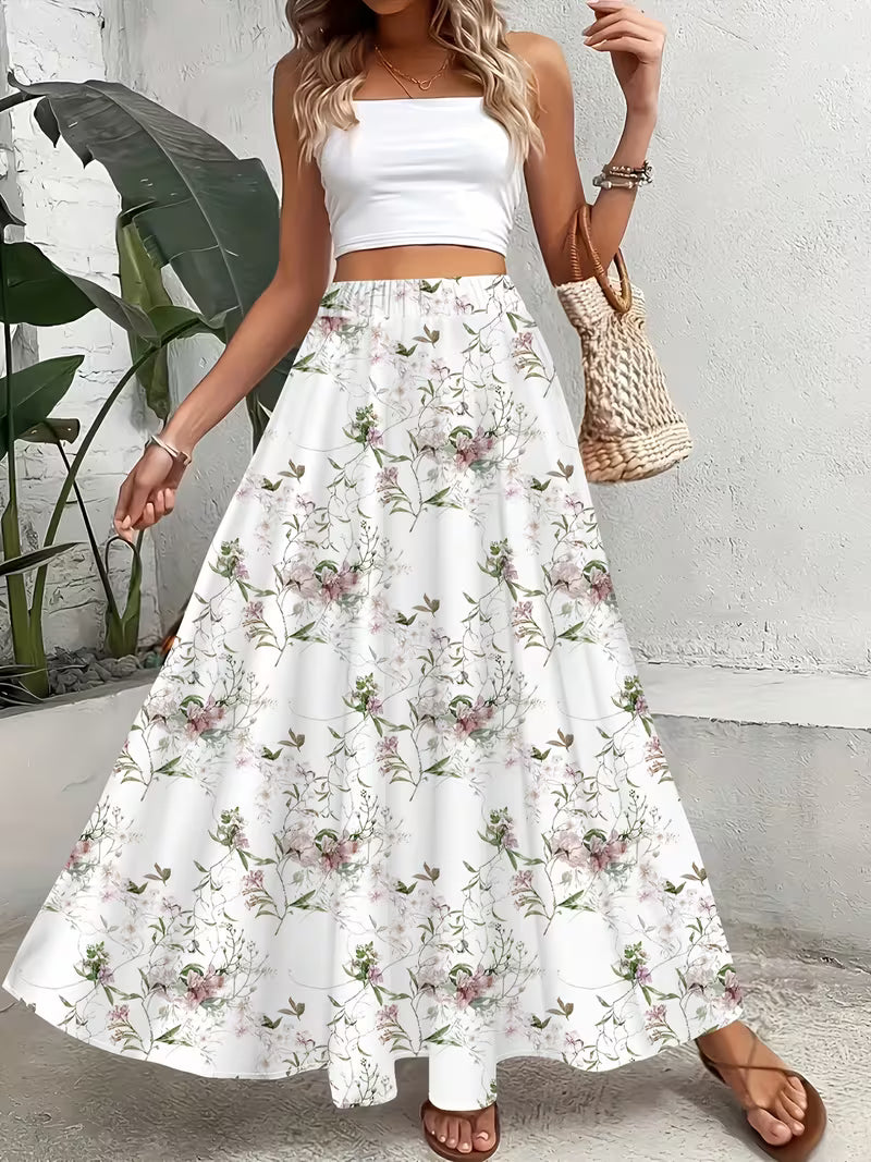 Soft Ivory Garden Bloom Maxi Skirt Lightweight Feminine Flowing Silhouette with Timeless Floral Charm