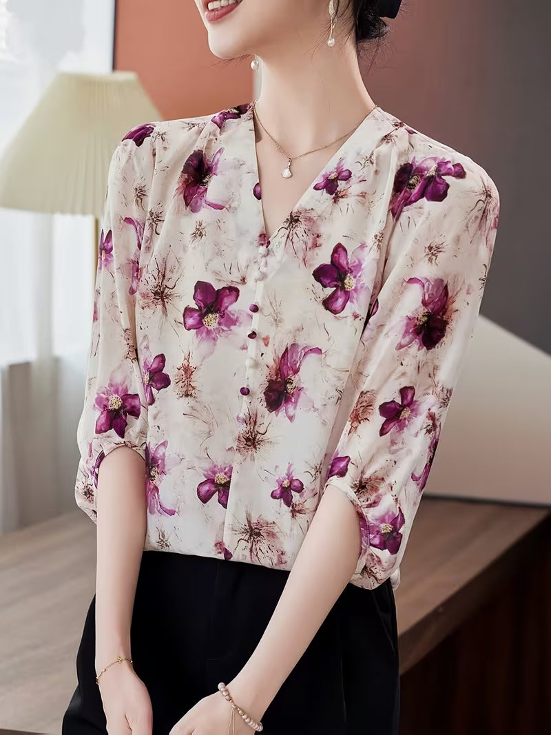 Elegant Floral V-Neck,Vintage Floral Print Top