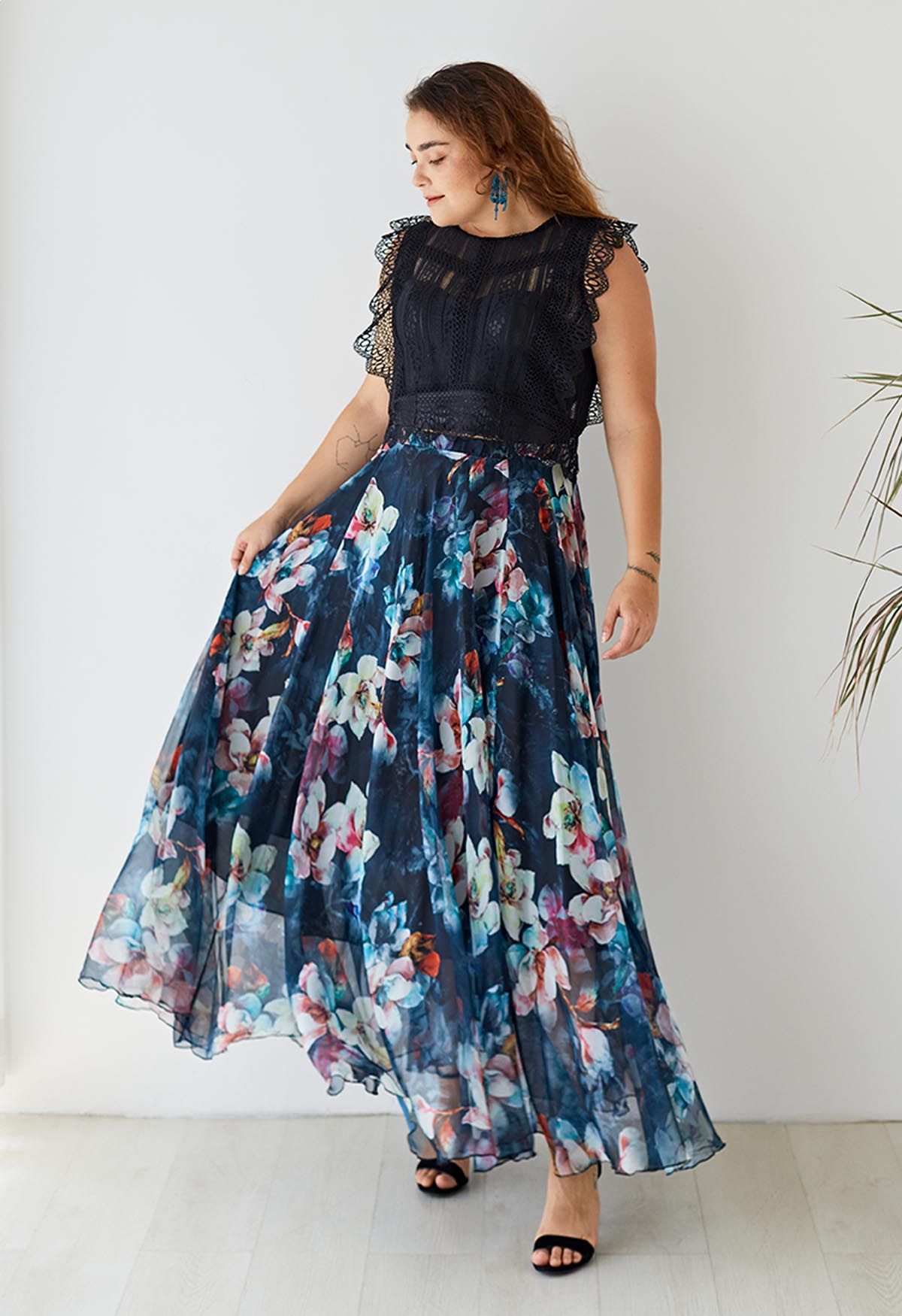 Women Midnight Floral Chiffon Maxi Skirt