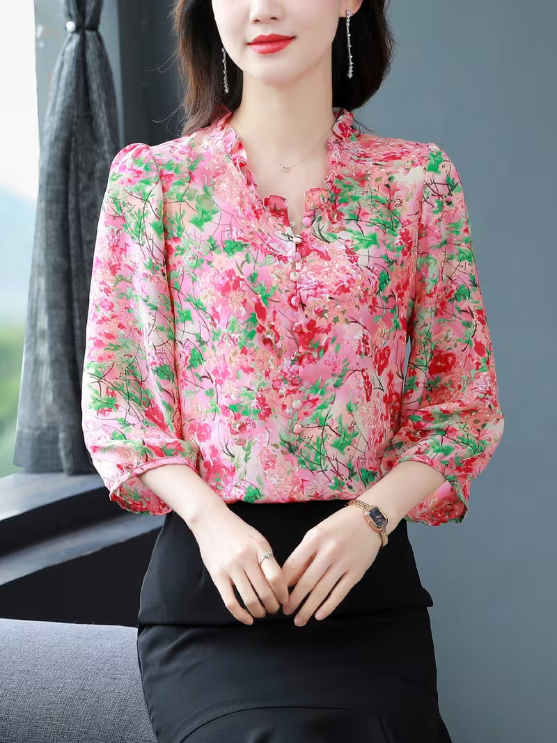 Vintage Rose Floral Chiffon with Ruffled Collar and Elastic Cuffs  Shirt