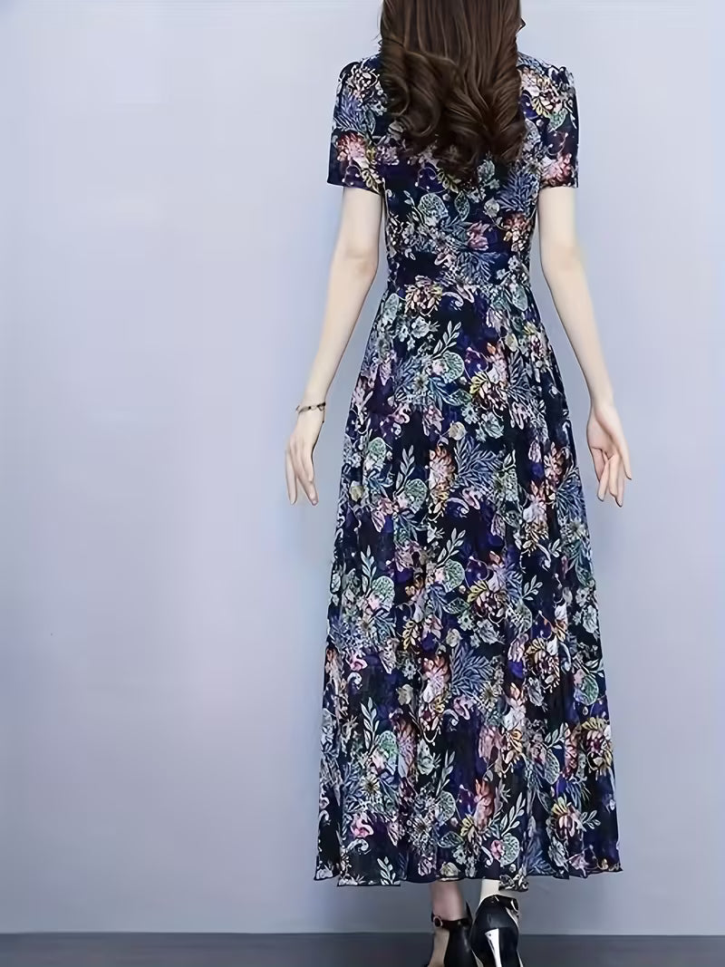 Elegant Navy Blue Botanical Floral  Dress - Fit and Flare