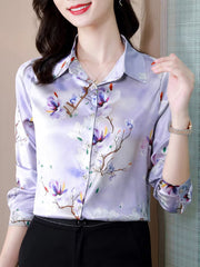 Lavender Magnolia Watercolor Print Silk-Satin Shirt