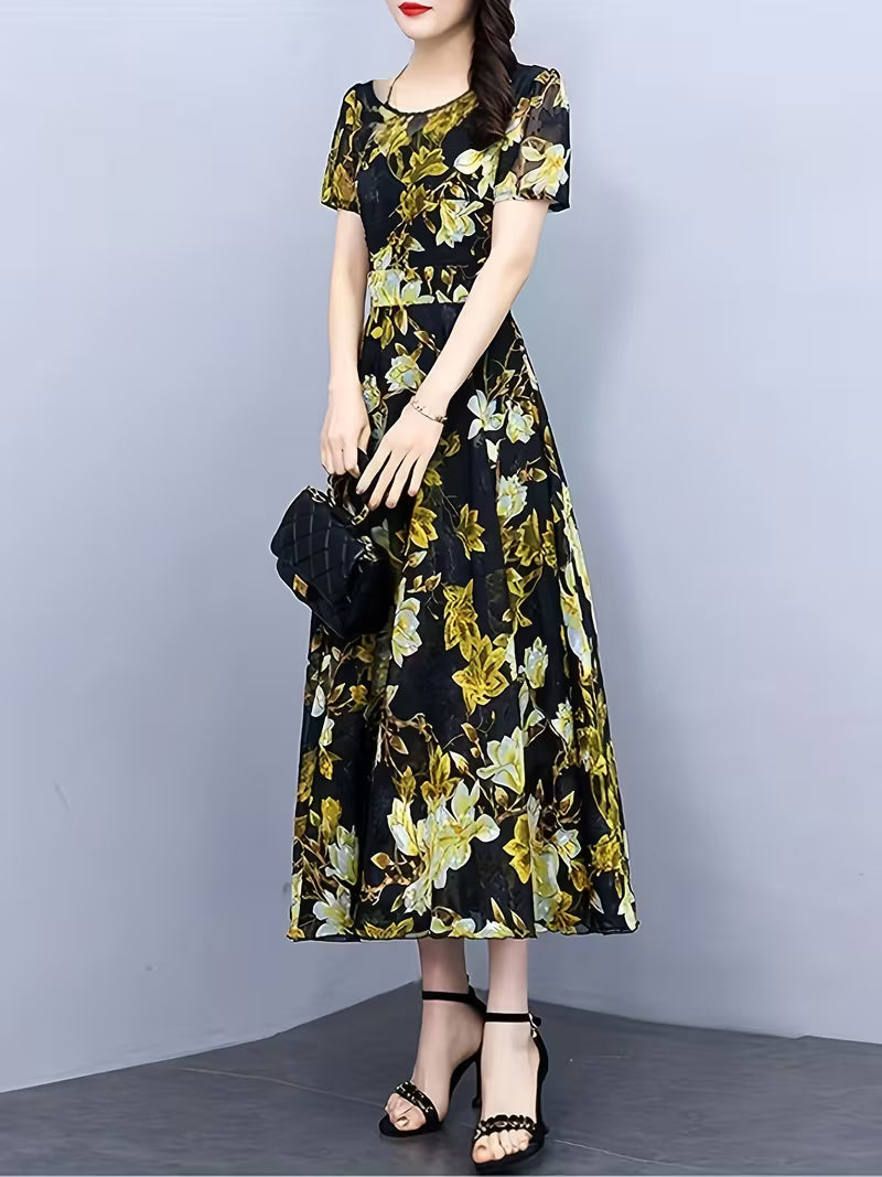 Elegant Black Chiffon Dress with Gold Foil Floral Print Dress