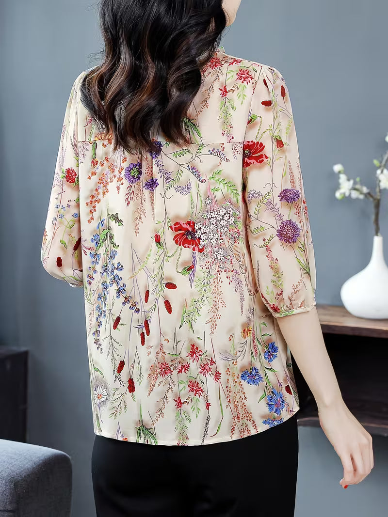 Champagne Silk-Satin Botanical Print Shirt – Vintage Ruffle Collar Edition