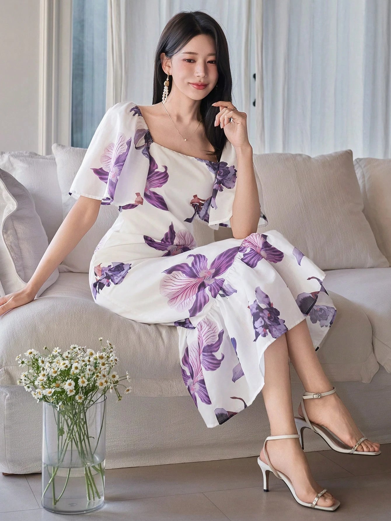 White and Purple Floral Midi Dress with Elegant Korean Style