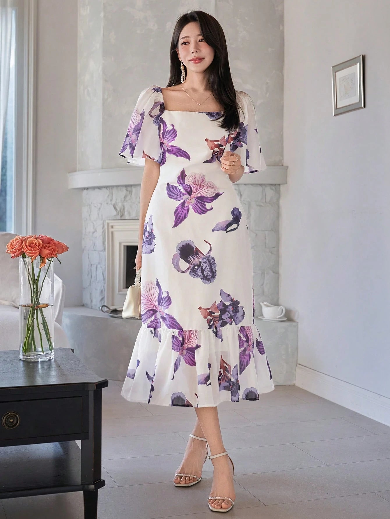 White and Purple Floral Midi Dress with Elegant Korean Style