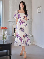 White and Purple Floral Midi Dress with Elegant Korean Style