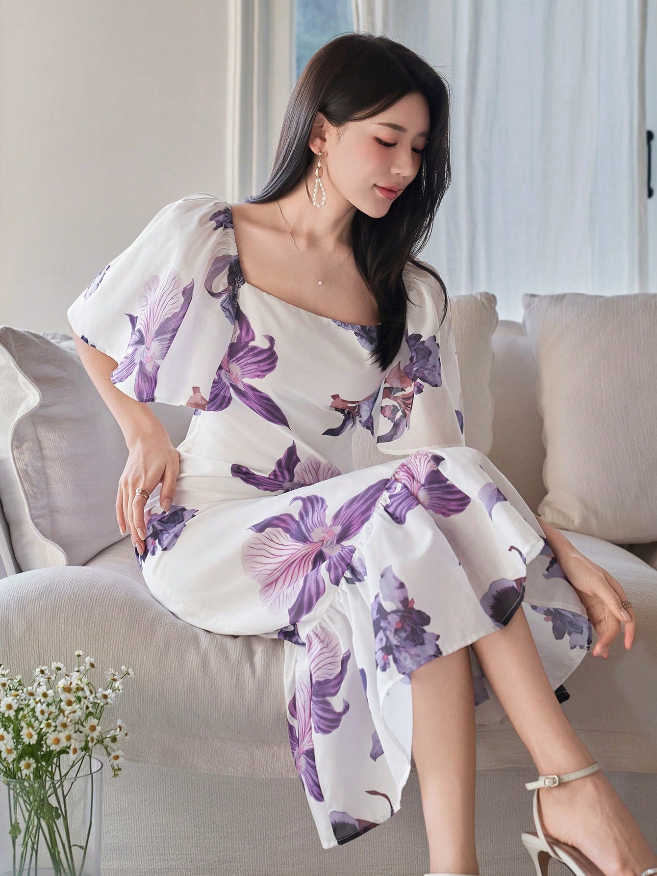 White and Purple Floral Midi Dress with Elegant Korean Style