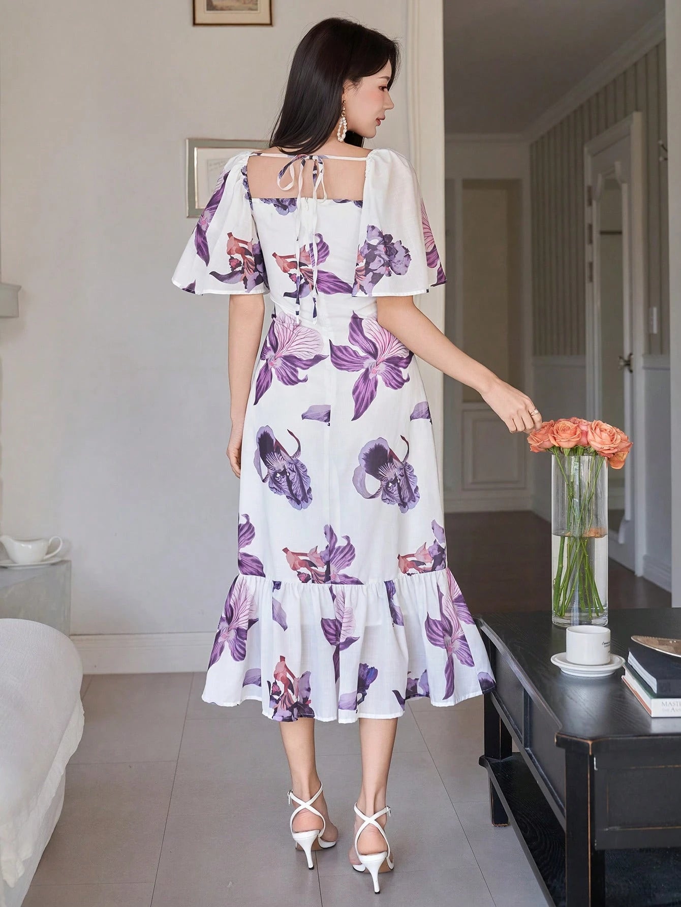 White and Purple Floral Midi Dress with Elegant Korean Style