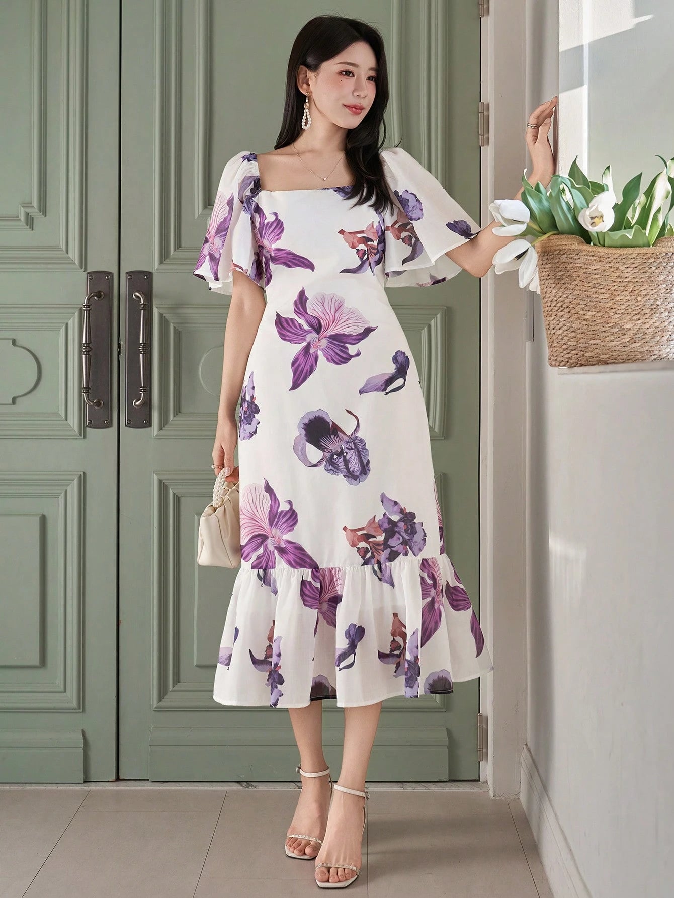 White and Purple Floral Midi Dress with Elegant Korean Style