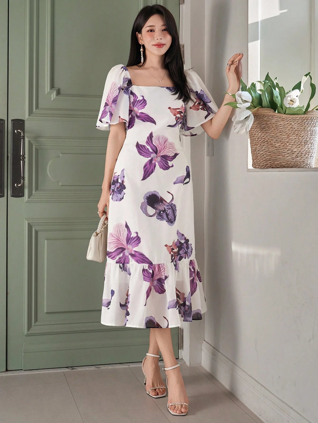 White and Purple Floral Midi Dress with Elegant Korean Style
