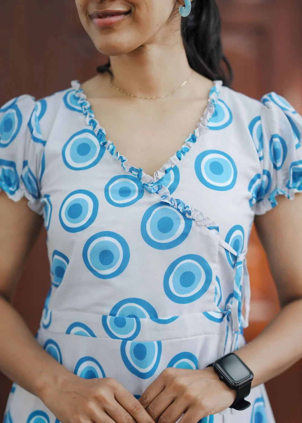 Beautiful grey & blue geometric print muslin dress